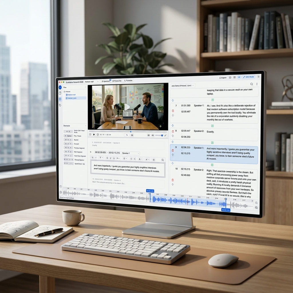 Harvey Application Workspace Showcasing Synchronized Transcripts and Video Playback
